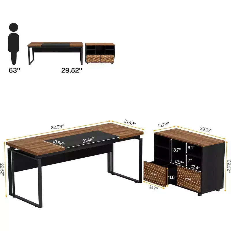 Lantine 63 L-Shaped Executive Desk with Reversible File Cabinet