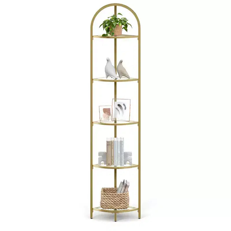 5-Tier Corner Shelf Stand, Corner Bookshelf, Bathroom Organizer, Plant Stand, Tempered Glass Metallic Gold