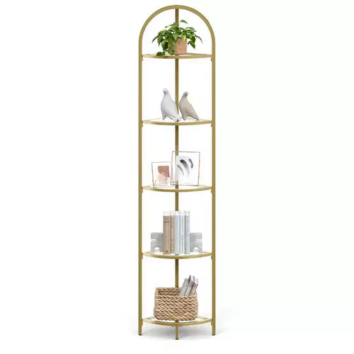 5-Tier Corner Shelf Stand, Corner Bookshelf, Bathroom Organizer, Plant Stand, Tempered Glass Metallic Gold