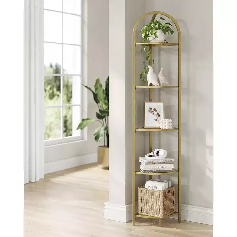 5-Tier Corner Shelf Stand, Corner Bookshelf, Bathroom Organizer, Plant Stand, Tempered Glass Metallic Gold