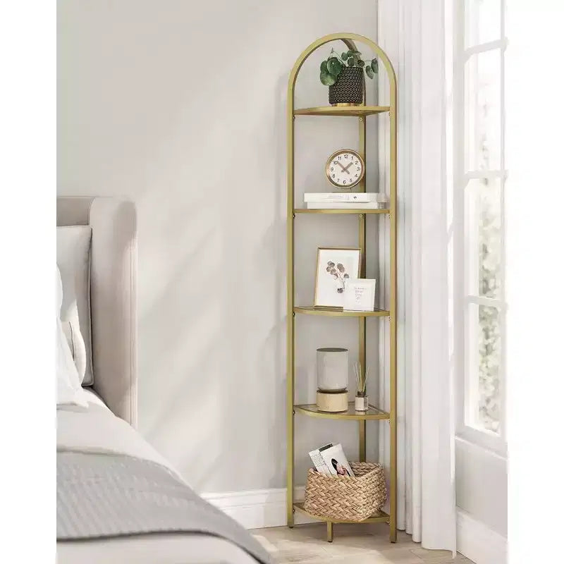 5-Tier Corner Shelf Stand, Corner Bookshelf, Bathroom Organizer, Plant Stand, Tempered Glass Metallic Gold