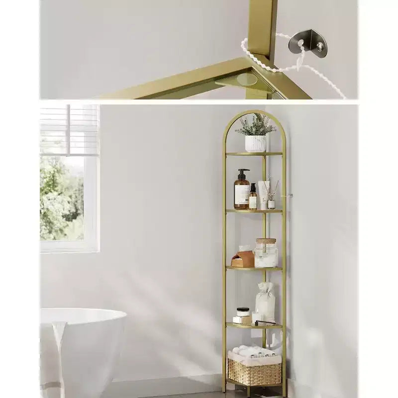 5-Tier Corner Shelf Stand, Corner Bookshelf, Bathroom Organizer, Plant Stand, Tempered Glass Metallic Gold