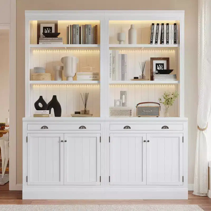 83.4H Tall Bookshelf with LED Lighting, Modern Storage Bookcase with Open Shelves and Drawers/Desks/Doors, White-ModernLuxe