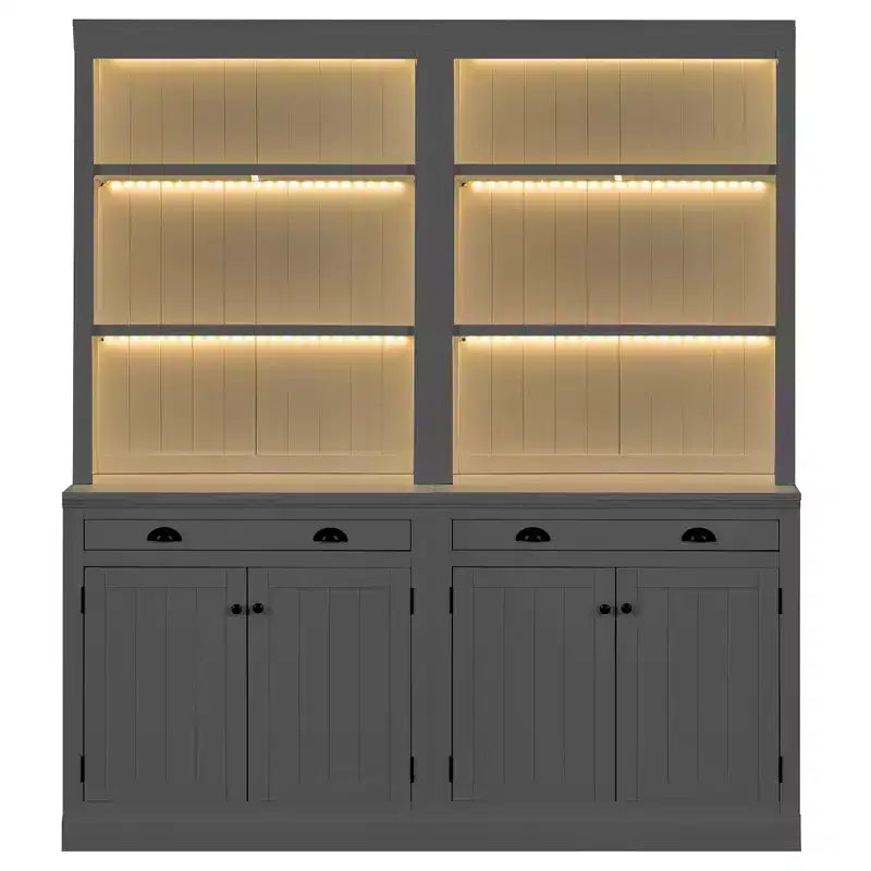 83.4H Tall Bookshelf with LED Lighting, Modern Storage Bookcase with Open Shelves and Drawers/Desks/Doors, White-ModernLuxe
