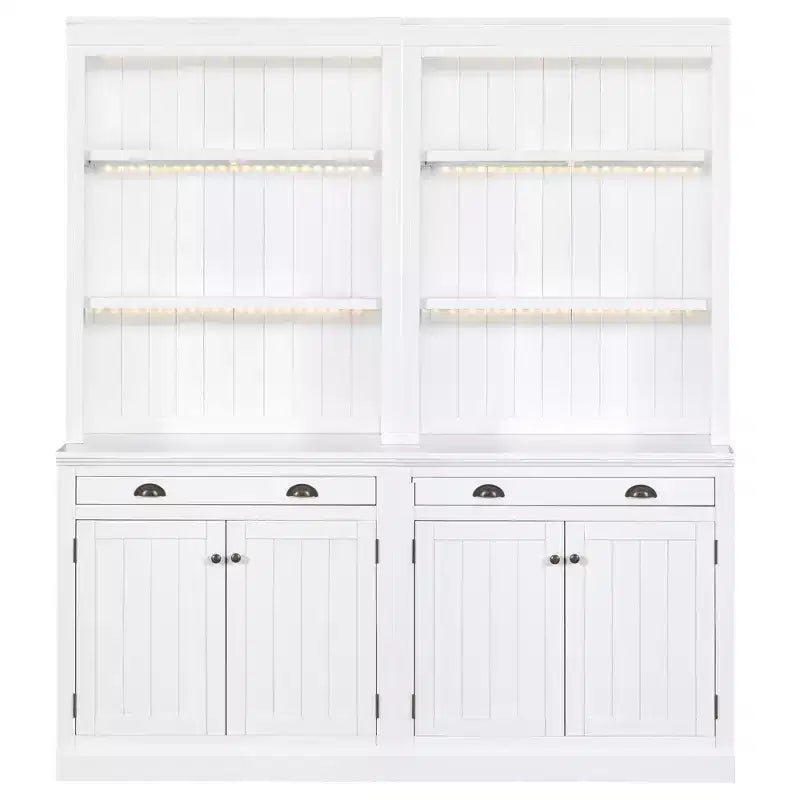 83.4H Tall Bookshelf with LED Lighting, Modern Storage Bookcase with Open Shelves and Drawers/Desks/Doors, White-ModernLuxe