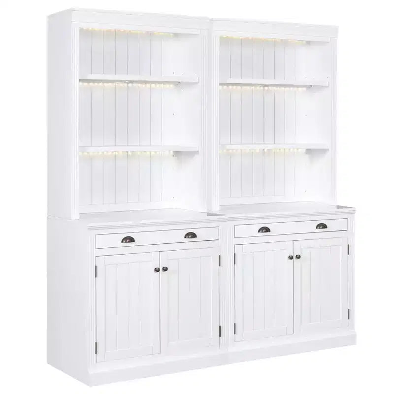 83.4H Tall Bookshelf with LED Lighting, Modern Storage Bookcase with Open Shelves and Drawers/Desks/Doors, White-ModernLuxe