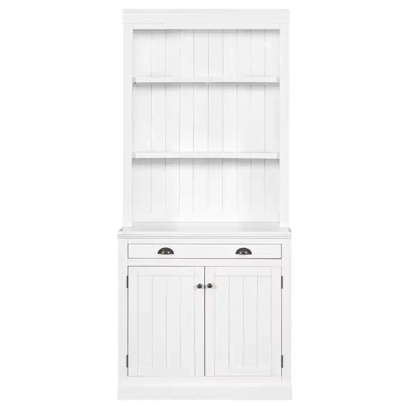 83.4H Tall Bookshelf with LED Lighting, Modern Storage Bookcase with Open Shelves and Drawers/Desks/Doors, White-ModernLuxe