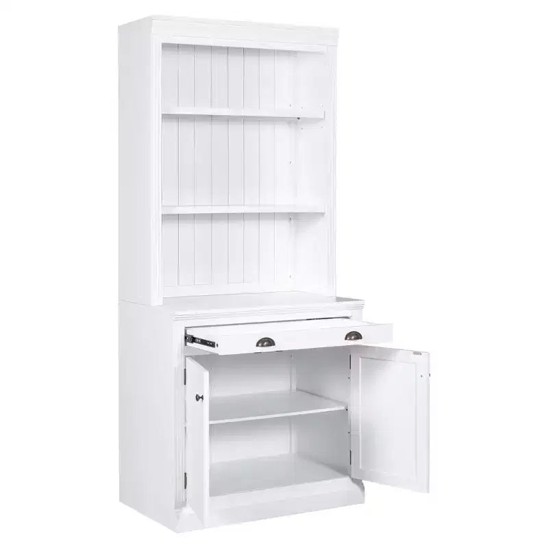 83.4H Tall Bookshelf with LED Lighting, Modern Storage Bookcase with Open Shelves and Drawers/Desks/Doors, White-ModernLuxe