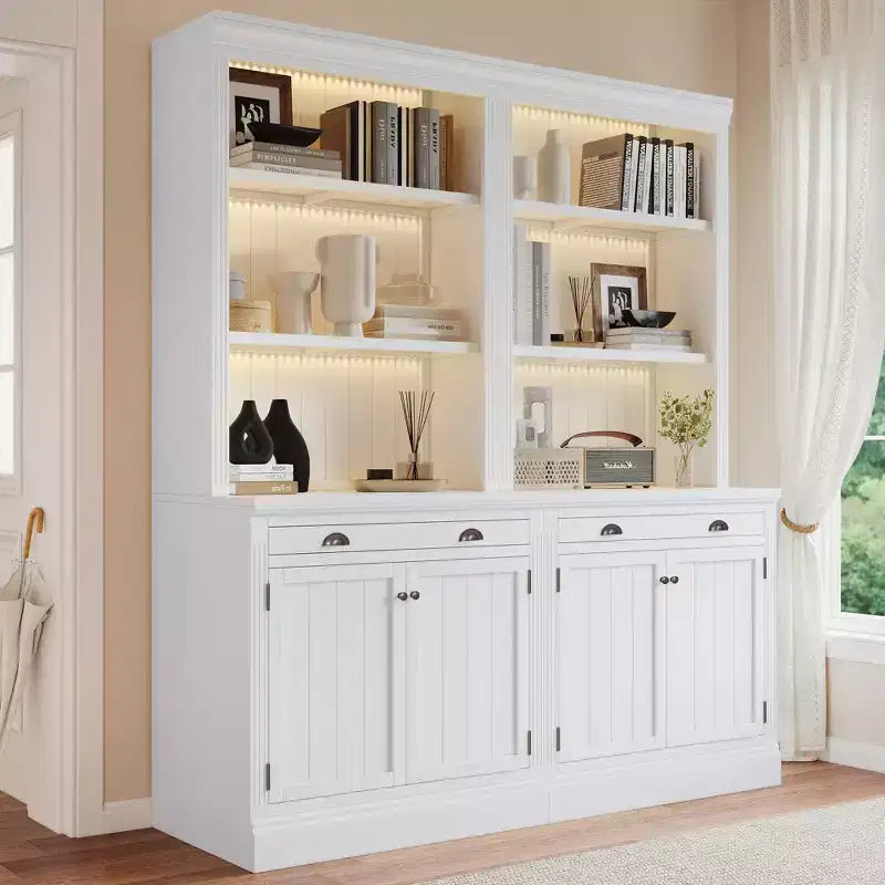 83.4H Tall Bookshelf with LED Lighting, Modern Storage Bookcase with Open Shelves and Drawers/Desks/Doors, White-ModernLuxe
