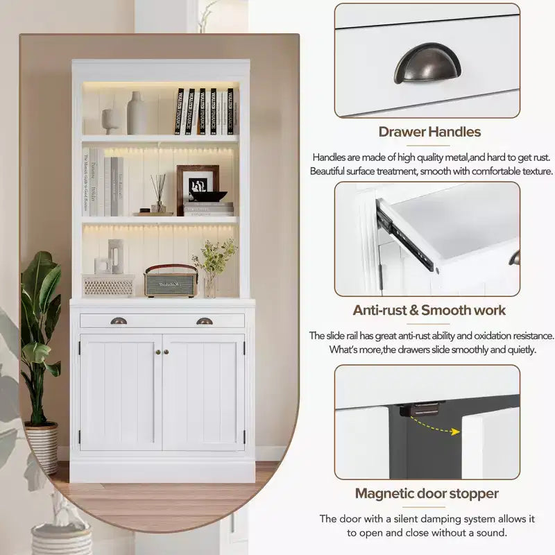 83.4H Tall Bookshelf with LED Lighting, Modern Storage Bookcase with Open Shelves and Drawers/Desks/Doors, White-ModernLuxe