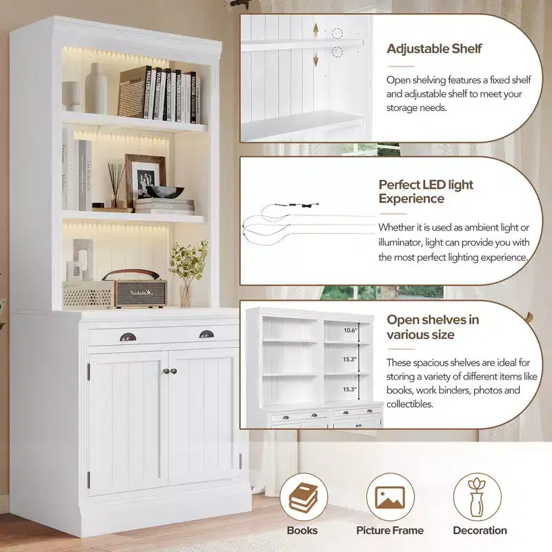 83.4H Tall Bookshelf with LED Lighting, Modern Storage Bookcase with Open Shelves and Drawers/Desks/Doors, White-ModernLuxe