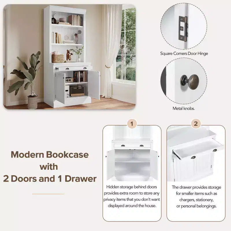 83.4H Tall Bookshelf with LED Lighting, Modern Storage Bookcase with Open Shelves and Drawers/Desks/Doors, White-ModernLuxe