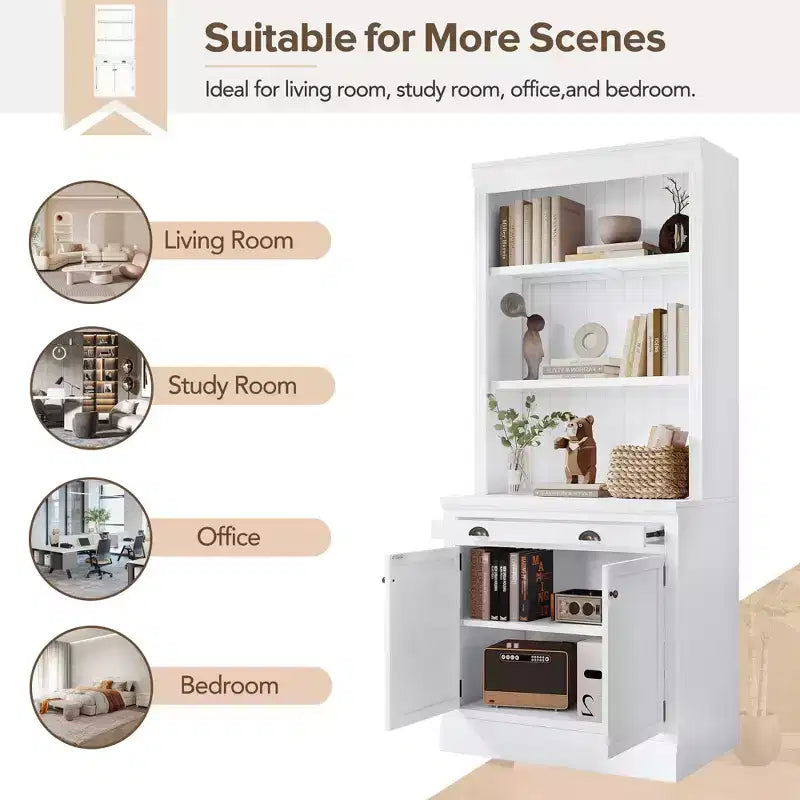 83.4H Tall Bookshelf with LED Lighting, Modern Storage Bookcase with Open Shelves and Drawers/Desks/Doors, White-ModernLuxe