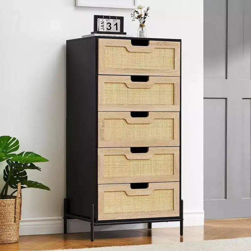 Whizmax Modern Rattan 5 Drawers Dresser, Double Dresser for Bedroom, Chest of Drawers Closet Organizers for Bedroom Living Room Hallway Office
