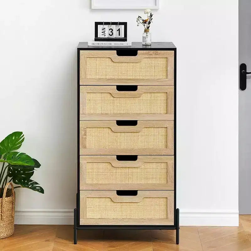 Whizmax Modern Rattan 5 Drawers Dresser, Double Dresser for Bedroom, Chest of Drawers Closet Organizers for Bedroom Living Room Hallway Office