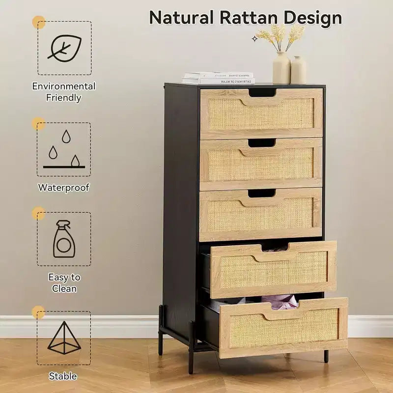 Whizmax Modern Rattan 5 Drawers Dresser, Double Dresser for Bedroom, Chest of Drawers Closet Organizers for Bedroom Living Room Hallway Office