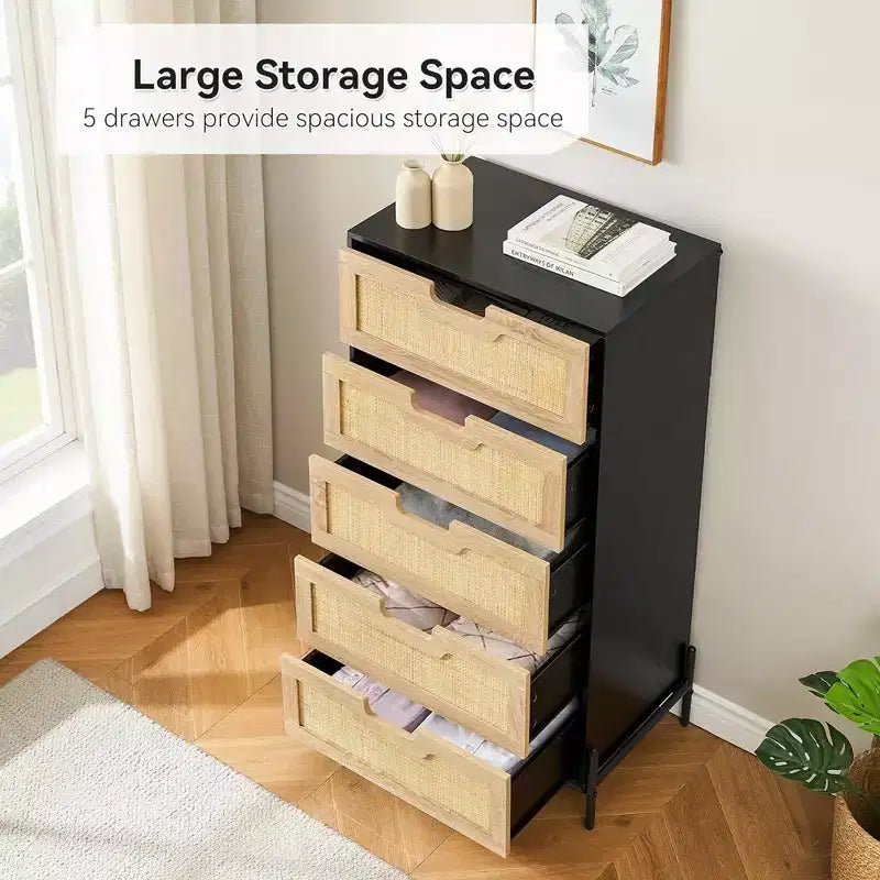 Whizmax Modern Rattan 5 Drawers Dresser, Double Dresser for Bedroom, Chest of Drawers Closet Organizers for Bedroom Living Room Hallway Office