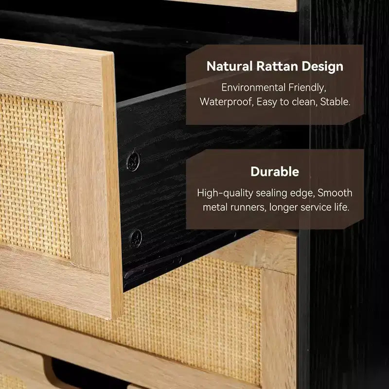 Whizmax Modern Rattan 5 Drawers Dresser, Double Dresser for Bedroom, Chest of Drawers Closet Organizers for Bedroom Living Room Hallway Office