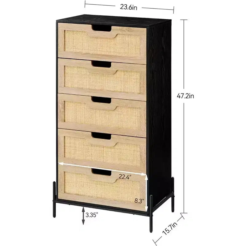 Whizmax Modern Rattan 5 Drawers Dresser, Double Dresser for Bedroom, Chest of Drawers Closet Organizers for Bedroom Living Room Hallway Office