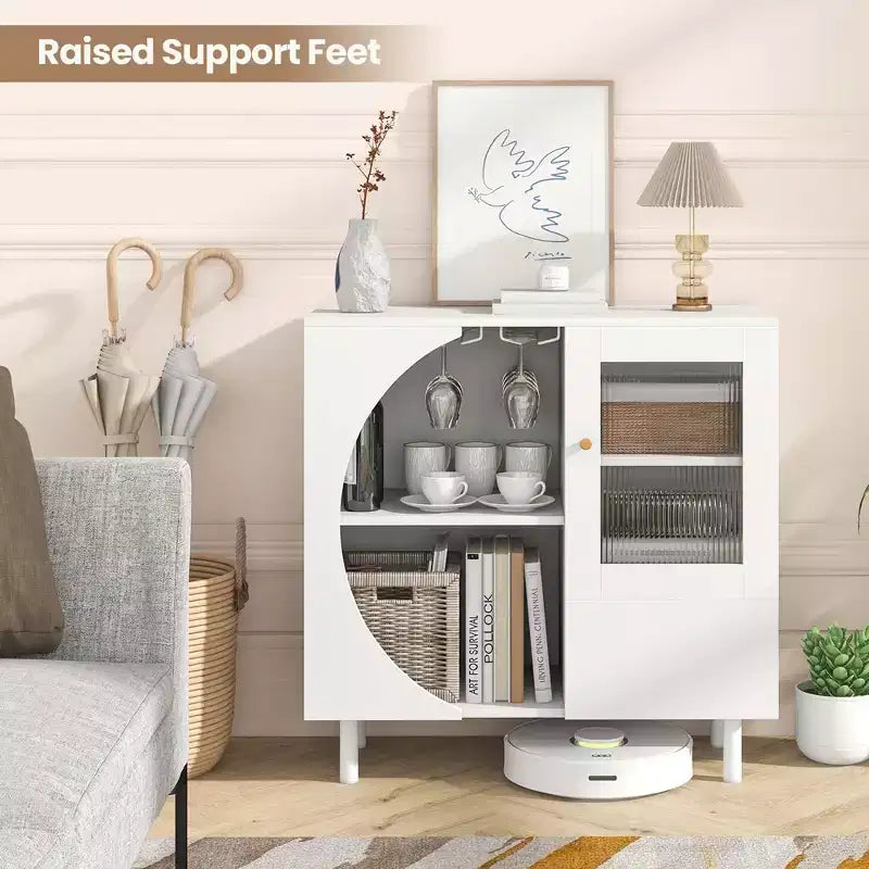 Costway Kitchen Sideboard Wooden Buffet Cabinet with Glass Holder & Tempered Glass Doors