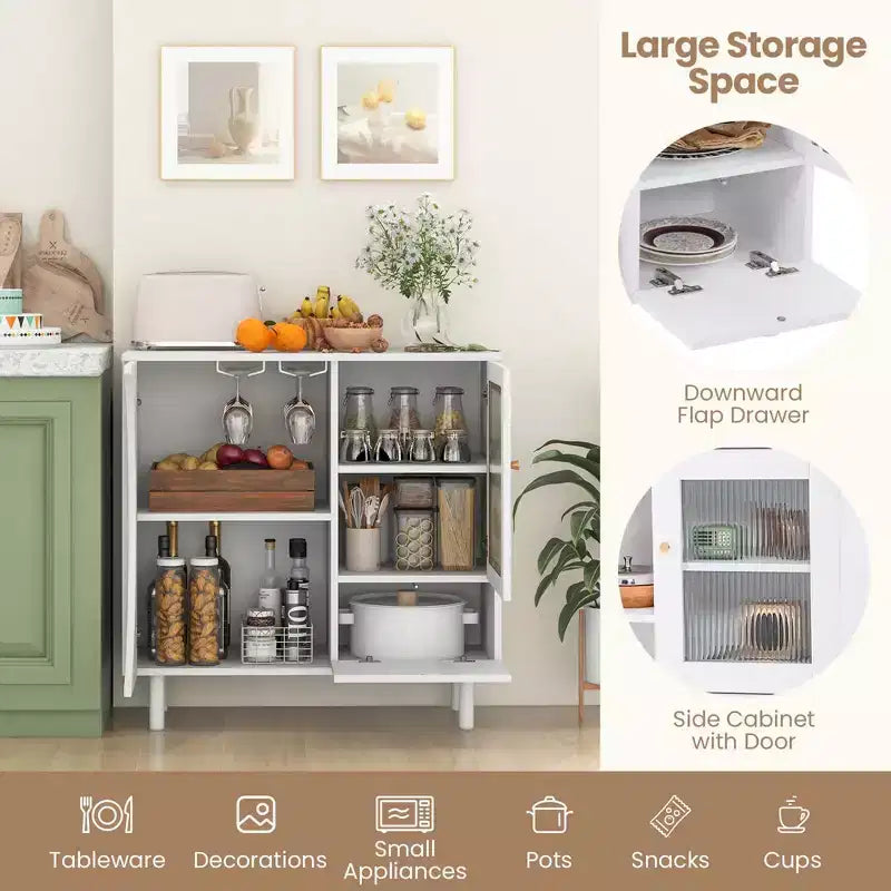 Costway Kitchen Sideboard Wooden Buffet Cabinet with Glass Holder & Tempered Glass Doors