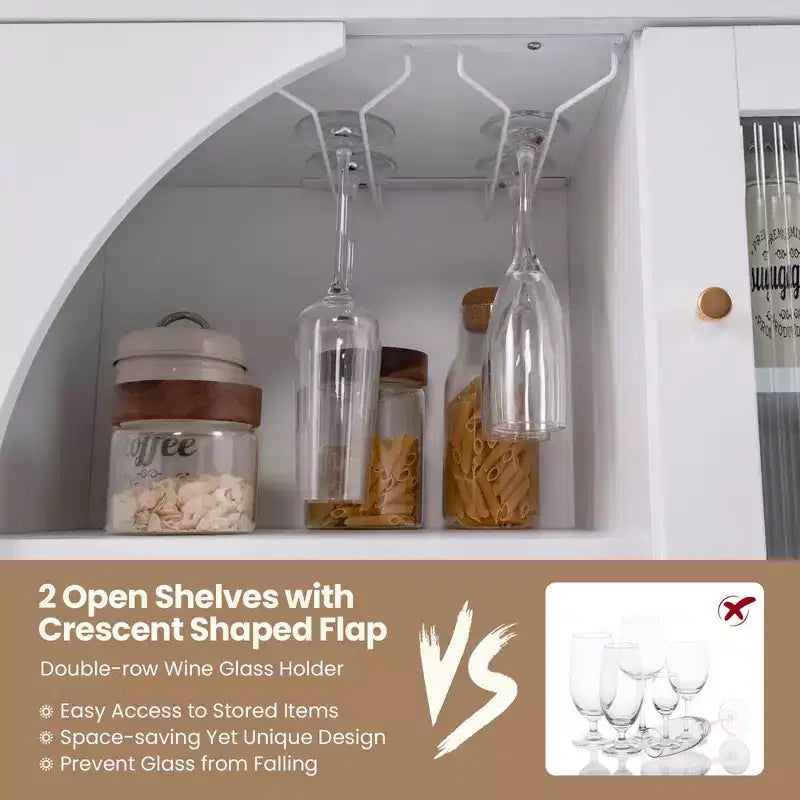 Costway Kitchen Sideboard Wooden Buffet Cabinet with Glass Holder & Tempered Glass Doors