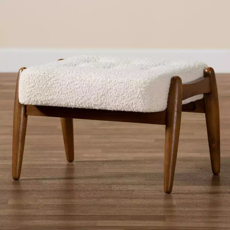 Baxton Studio Jeanine Japandi Cream Boucle Fabric and Walnut Brown Finished Rubberwood Ottoman Footstool