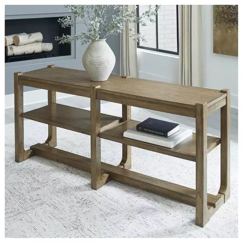 Signature Design by Ashley Cabalynn Farmhouse Sofa Table with 2 Adjustable Shelves, Light Brown