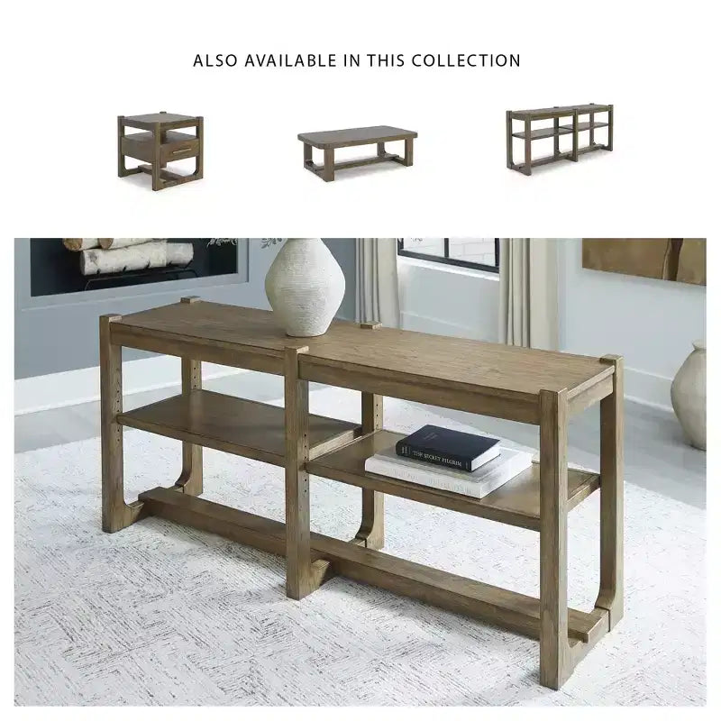 Signature Design by Ashley Cabalynn Farmhouse Sofa Table with 2 Adjustable Shelves, Light Brown