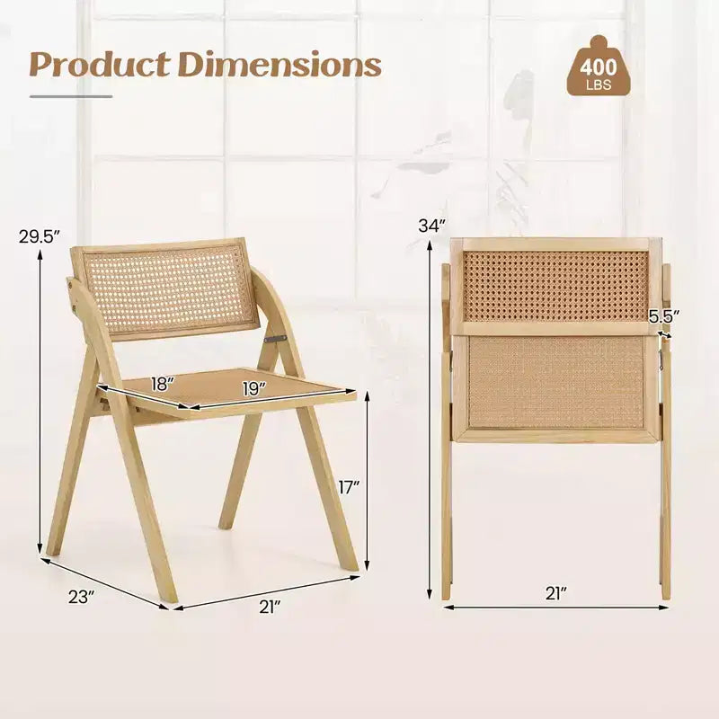 Costway Foldable Dining Chairs Set of 2/4 with Woven Rattan Backrest & Seat Rubber Wood Frame Natural