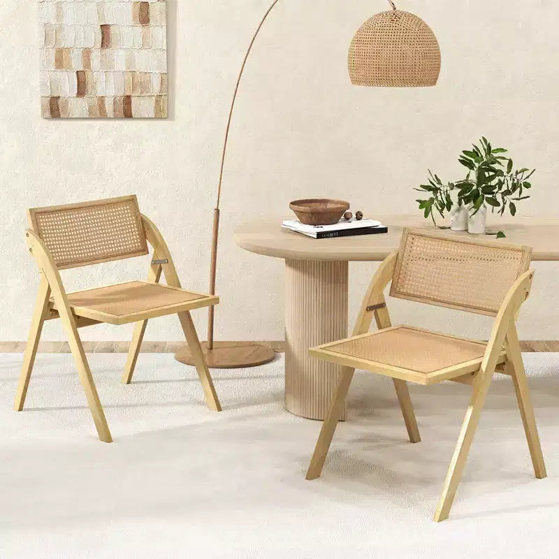 Costway Foldable Dining Chairs Set of 2/4 with Woven Rattan Backrest & Seat Rubber Wood Frame Natural