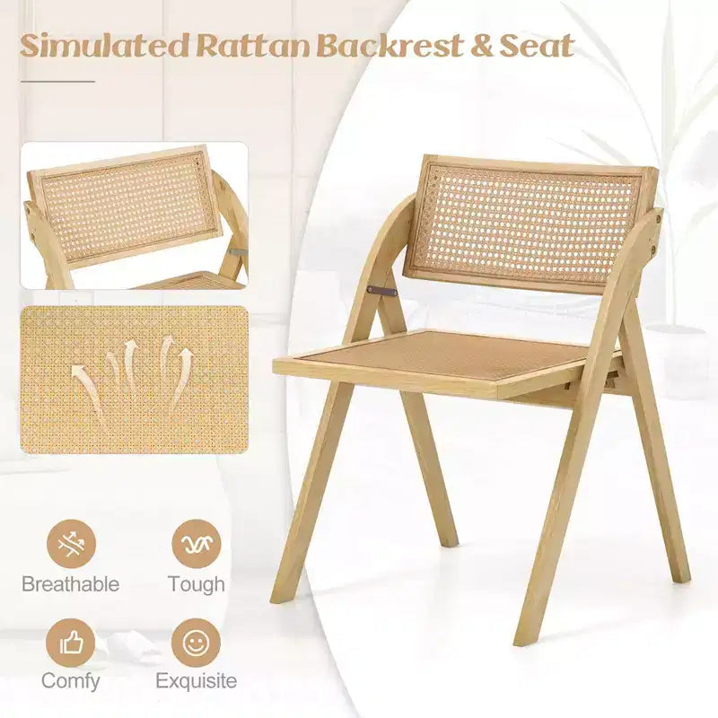 Costway Foldable Dining Chairs Set of 2/4 with Woven Rattan Backrest & Seat Rubber Wood Frame Natural