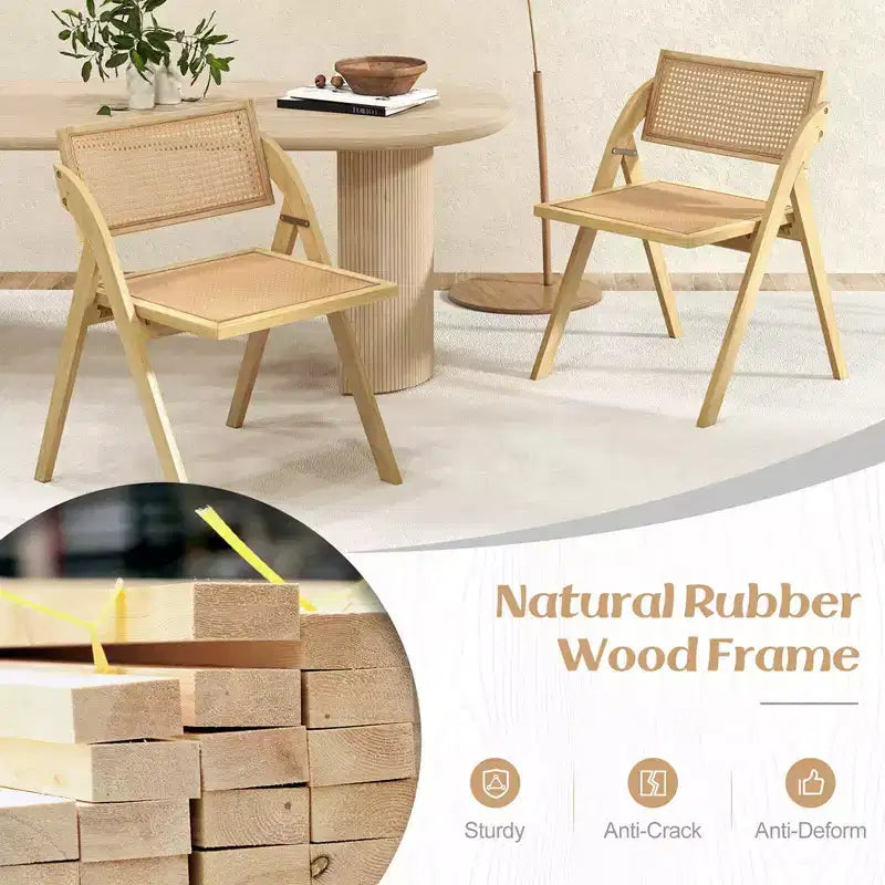 Costway Foldable Dining Chairs Set of 2/4 with Woven Rattan Backrest & Seat Rubber Wood Frame Natural