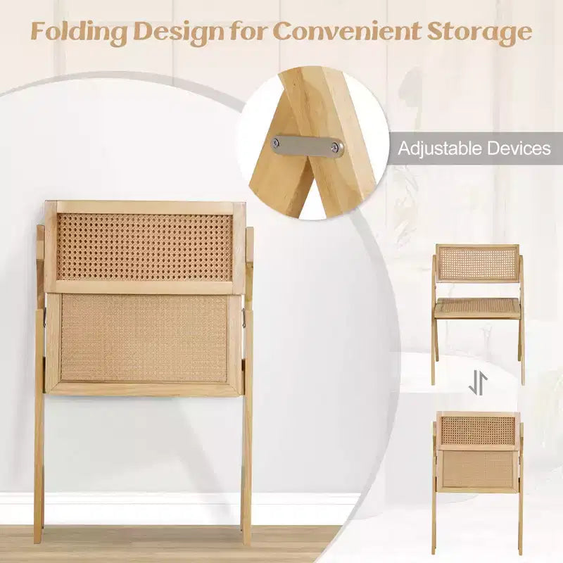 Costway Foldable Dining Chairs Set of 2/4 with Woven Rattan Backrest & Seat Rubber Wood Frame Natural