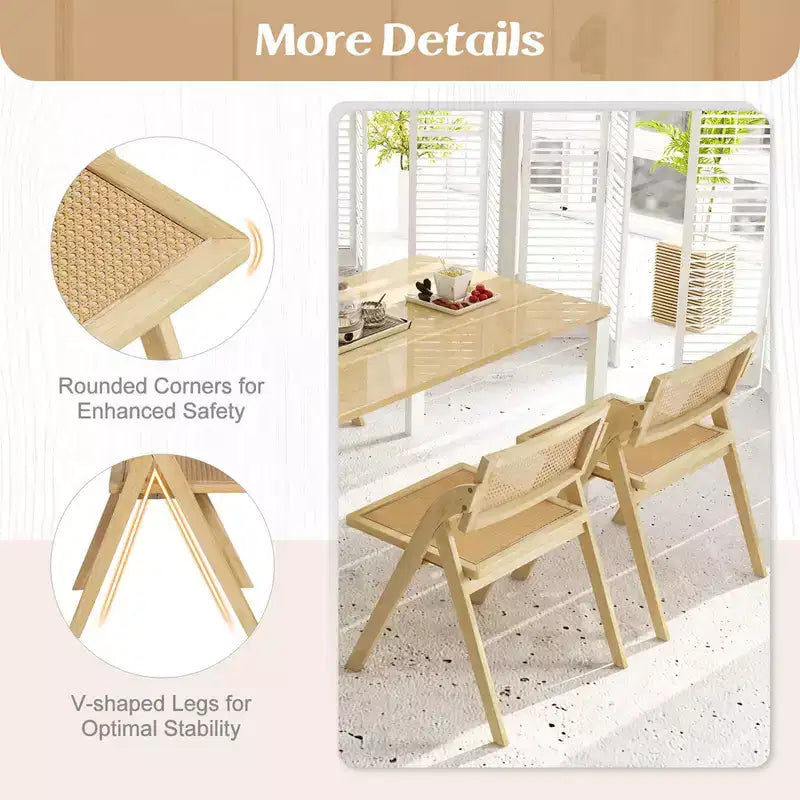 Costway Foldable Dining Chairs Set of 2/4 with Woven Rattan Backrest & Seat Rubber Wood Frame Natural