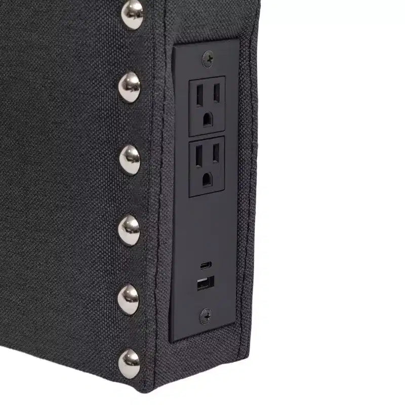Merrick Lane Contoured Faux Leather Headboard with Studded Upholstery, Dual Hanging Options, Charging Station with 2 Outlets, USB Port, USB-C Port