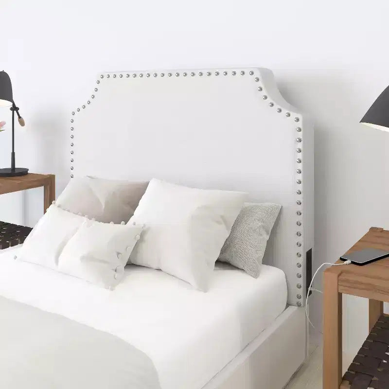 Merrick Lane Contoured Faux Leather Headboard with Studded Upholstery, Dual Hanging Options, Charging Station with 2 Outlets, USB Port, USB-C Port