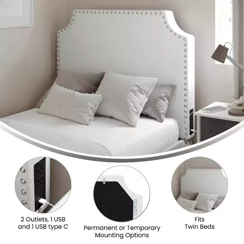 Merrick Lane Contoured Faux Leather Headboard with Studded Upholstery, Dual Hanging Options, Charging Station with 2 Outlets, USB Port, USB-C Port