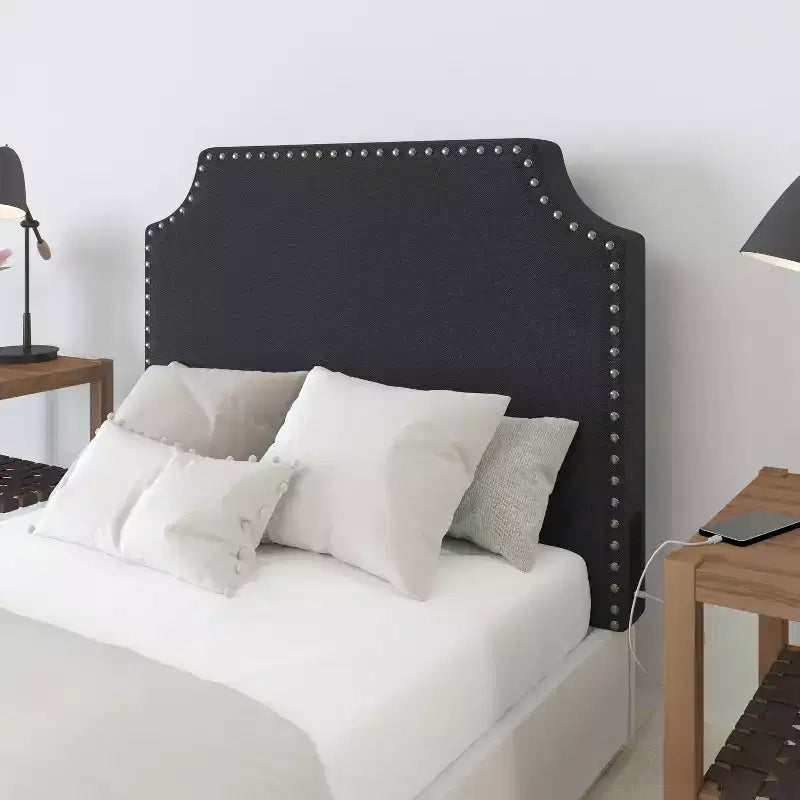 Merrick Lane Contoured Faux Leather Headboard with Studded Upholstery, Dual Hanging Options, Charging Station with 2 Outlets, USB Port, USB-C Port