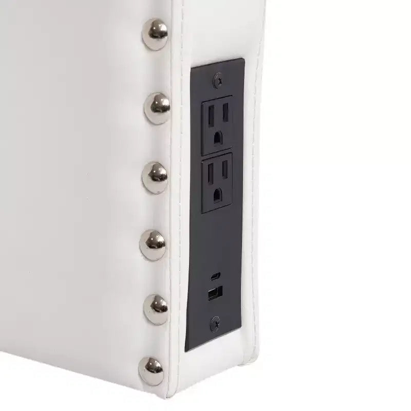Merrick Lane Contoured Faux Leather Headboard with Studded Upholstery, Dual Hanging Options, Charging Station with 2 Outlets, USB Port, USB-C Port