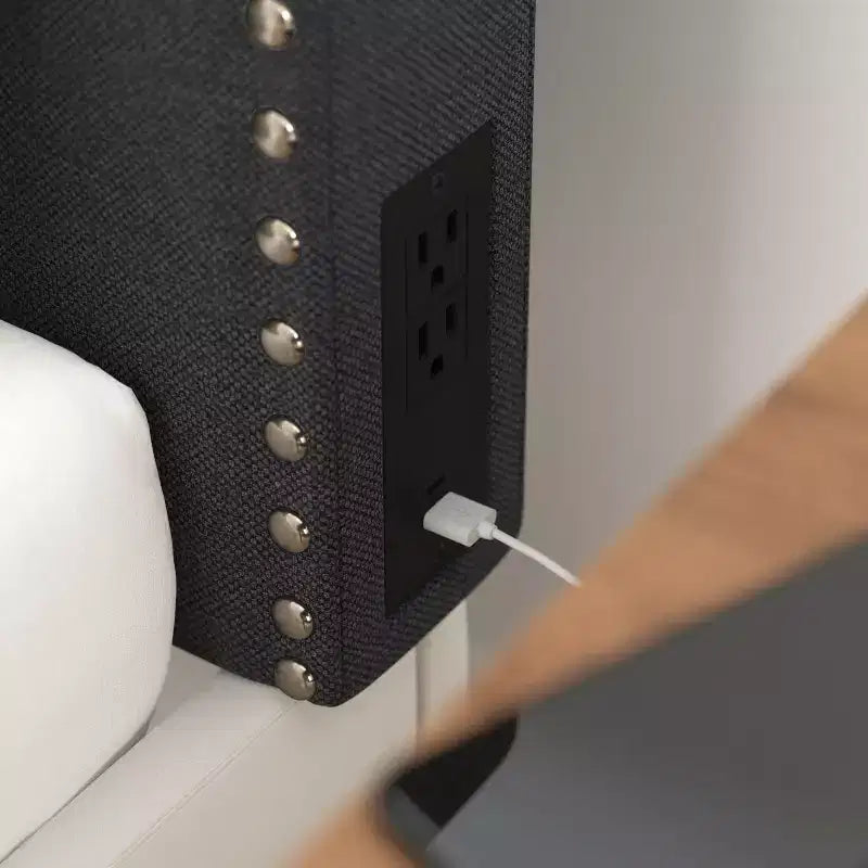 Merrick Lane Contoured Faux Leather Headboard with Studded Upholstery, Dual Hanging Options, Charging Station with 2 Outlets, USB Port, USB-C Port