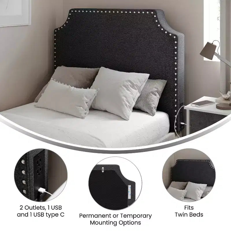 Merrick Lane Contoured Faux Leather Headboard with Studded Upholstery, Dual Hanging Options, Charging Station with 2 Outlets, USB Port, USB-C Port