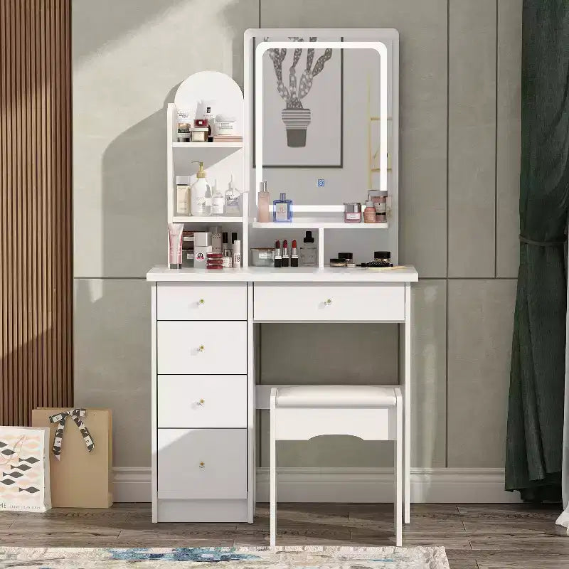 Famapy 31.5''W Dressing Desk Makeup Vanity Set with Stool and Mirror Led Light Bedroom Accent