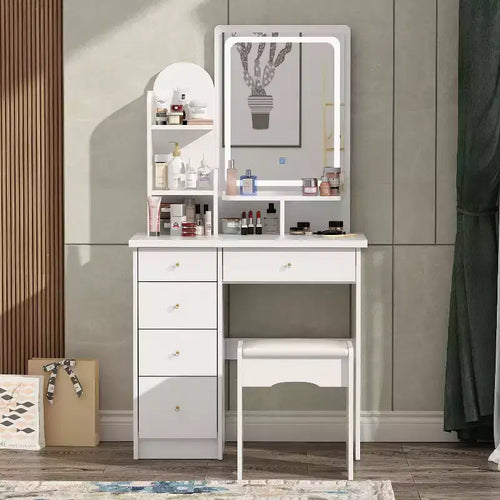 Famapy 31.5''W Dressing Desk Makeup Vanity Set with Stool and Mirror Led Light Bedroom Accent
