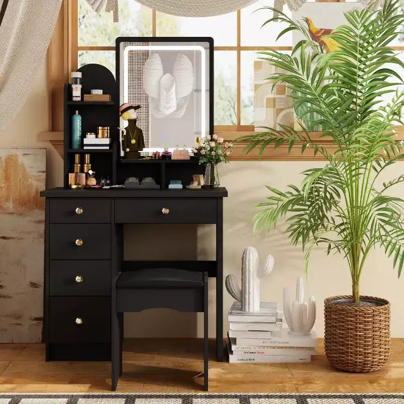 Famapy 31.5''W Dressing Desk Makeup Vanity Set with Stool and Mirror Led Light Bedroom Accent