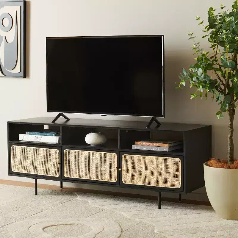 Karol 3 Door Cane Media Stand - MED1500 - Black/Natural - Safavieh