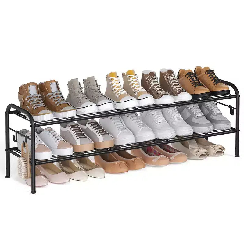 Shoe Rack, 2-Tier Shoe Organizer, Metal Shoe Shelf Storage with 4 Side Hooks, Holds 12 Pairs of Shoes, Height-Adjustable Shoe Rack, Ink Black