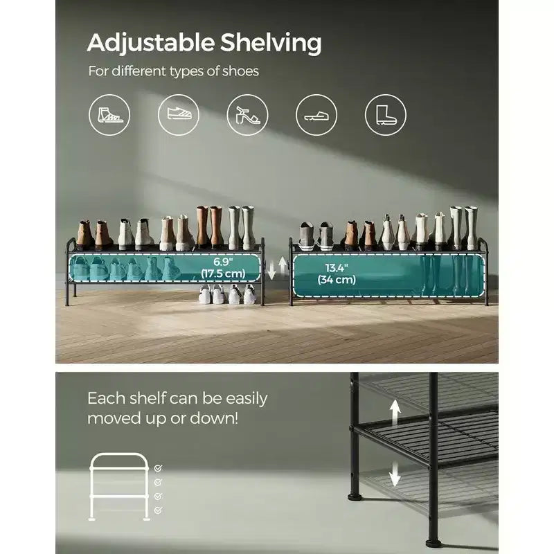 Shoe Rack, 2-Tier Shoe Organizer, Metal Shoe Shelf Storage with 4 Side Hooks, Holds 12 Pairs of Shoes, Height-Adjustable Shoe Rack, Ink Black