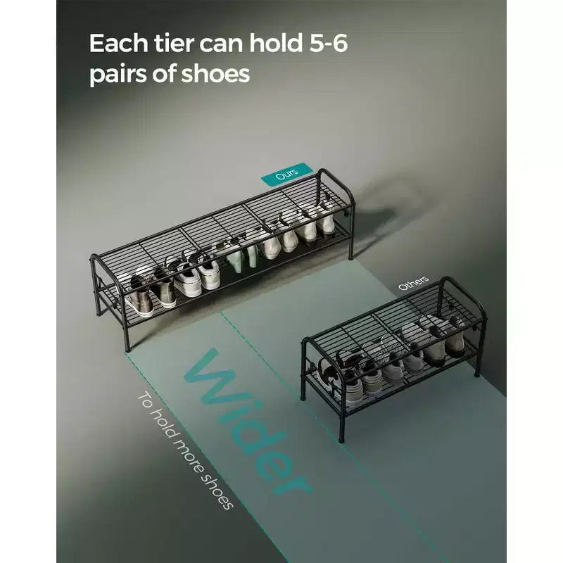 Shoe Rack, 2-Tier Shoe Organizer, Metal Shoe Shelf Storage with 4 Side Hooks, Holds 12 Pairs of Shoes, Height-Adjustable Shoe Rack, Ink Black