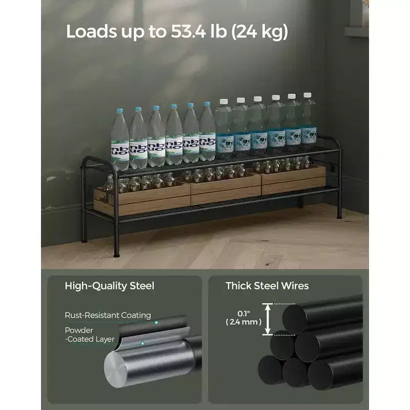 Shoe Rack, 2-Tier Shoe Organizer, Metal Shoe Shelf Storage with 4 Side Hooks, Holds 12 Pairs of Shoes, Height-Adjustable Shoe Rack, Ink Black